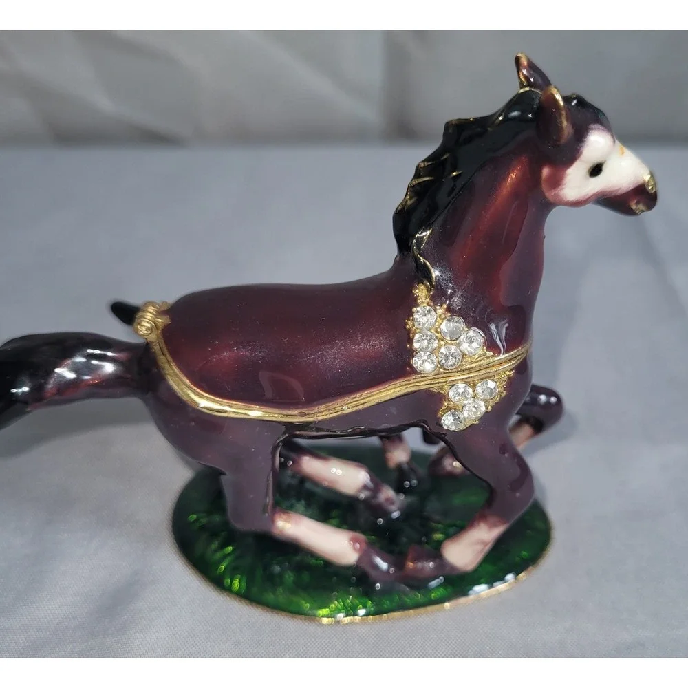 Enamel Metal Horse & Foal Hinged Trinket Box w/ Rhinestones Purple Green Base